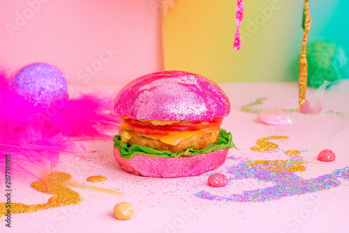 Pink burger with sequin bun in colorful fashion style