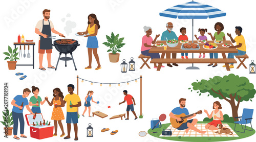 Foto Summer backyard barbecue picnic vector character set, family garden party people