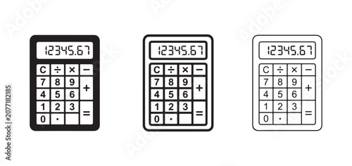  calculator icons with different line styles on white background  black outlined and thin lined calculators with numbers and mathematical operations
