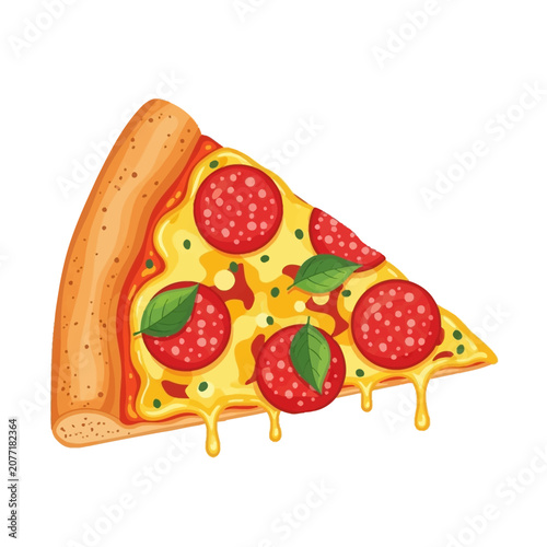 Delicious pizza slice with pepperoni and cheese on white background
