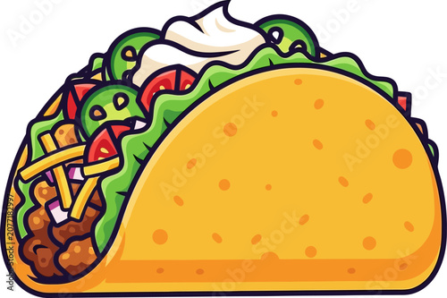 Delicious cartoon taco illustration with fresh ingredients and creamy topping