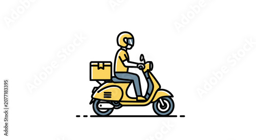 Delivery person on yellow scooter with package against white background