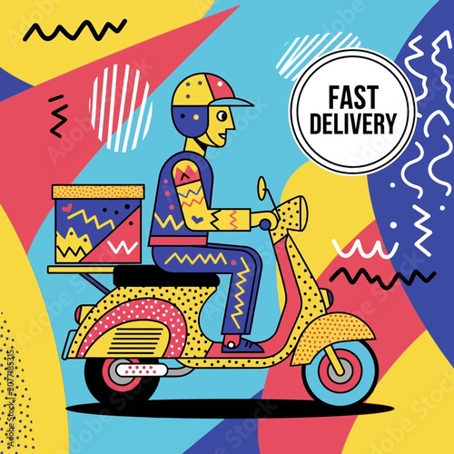 Delivery rider on scooter with fast delivery sign and abstract background