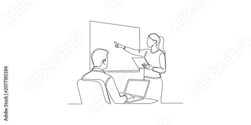 Continuous line drawing of a businesswoman giving a presentation to a male colleague working on a laptop in a modern office meeting room