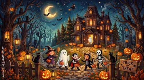 Halloween night scene with costumed children and haunted house