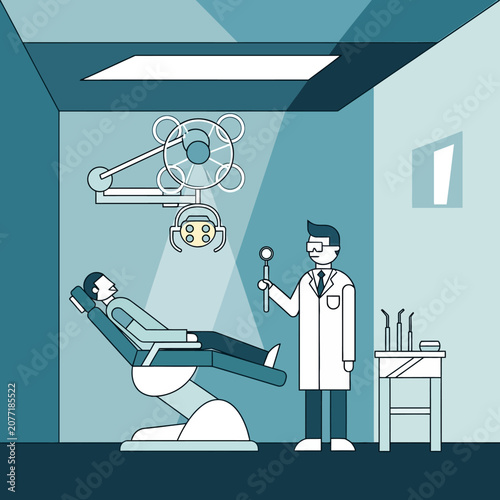 Dentist examining patient in a modern dental clinic setting illustration