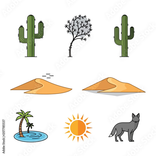 Desert landscape elements vector illustrations of cacti dunes and wildlife