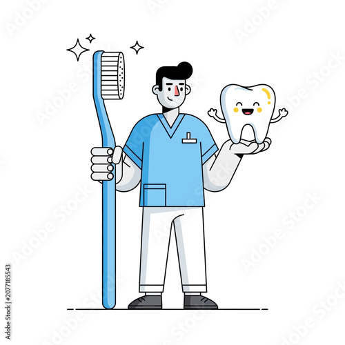 Dentist holding large toothbrush and smiling tooth in clean illustration