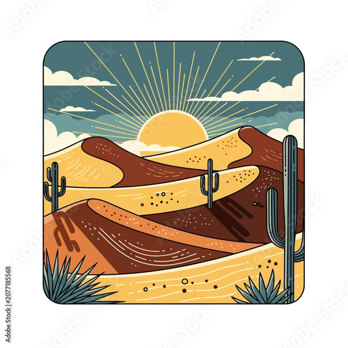 Desert landscape illustration cacti dunes and rising sun vector graphic