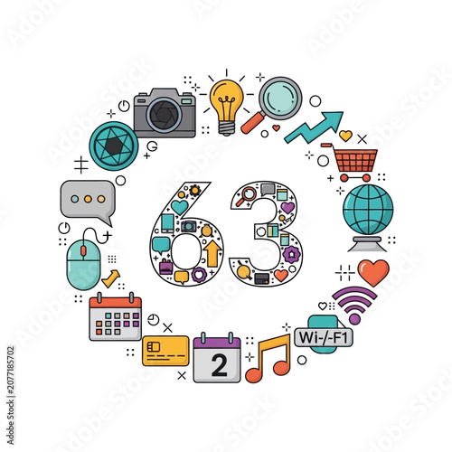 Digit 63 surrounded by technology and media icons on a white background