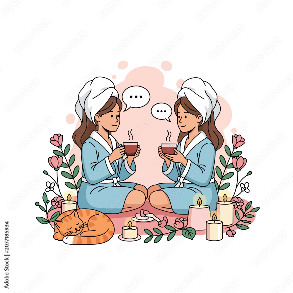 © satibi6 - Two friends relaxing in bathrobes drinking tea and chatting during a home spa day illustration. © satibi6 - Two friends relaxing in bathrobes drinking tea and chatting during a home spa day illustration.
