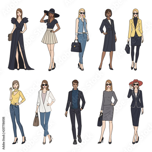 Diverse fashion illustrations stylish men and women in various outfits