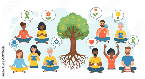 Diverse group meditating near a vibrant tree with thought bubbles illustration