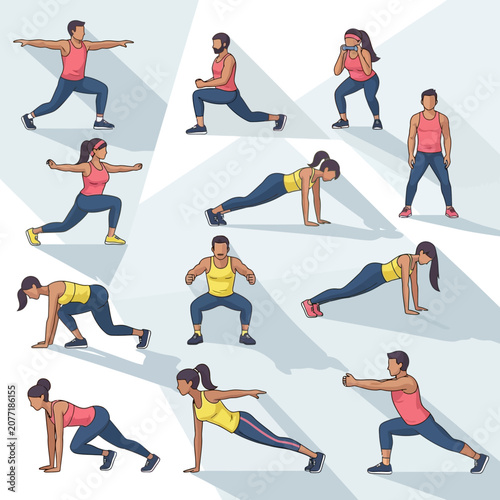 Diverse group of people performing various exercises for fitness and health