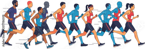 Diverse group of runners in athletic wear side view vector illustration