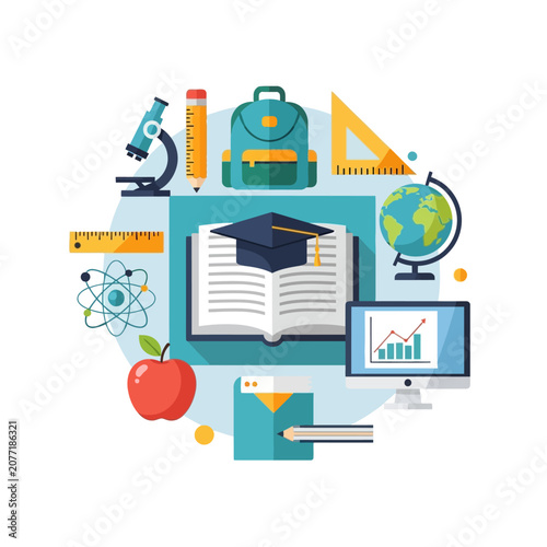 Diverse group of students and study elements on a white background