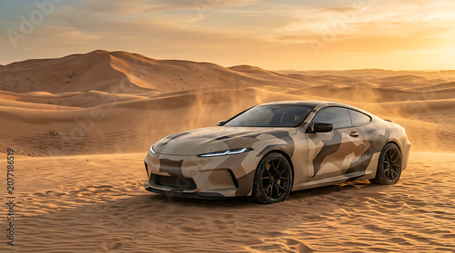 Luxury sports car in desert landscape at sunset