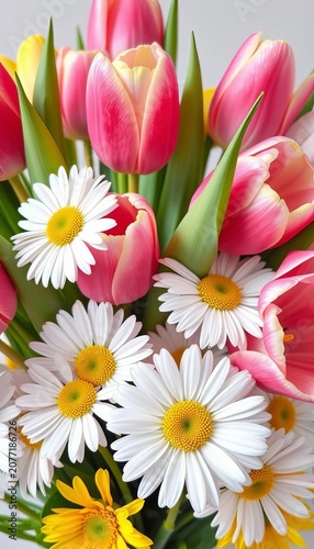 Beautiful bouquet of tulips and daisies in shades of pink and yellow, vibrant, bright