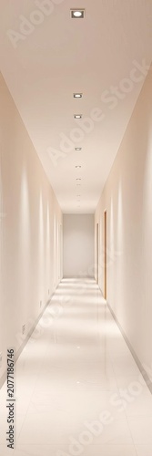 Clean lines and neutral tones dominate this minimalist corridor, empty, minimalist