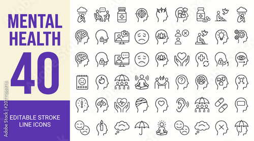 Fotografía Mental health icon set. Editable line icons. Vector illustration.