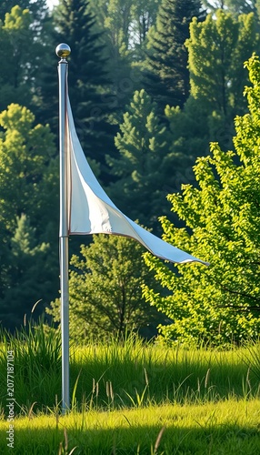 Elegant flagstick blowing gently in breeze amidst lush green grass and serene trees background, environment, sunlight