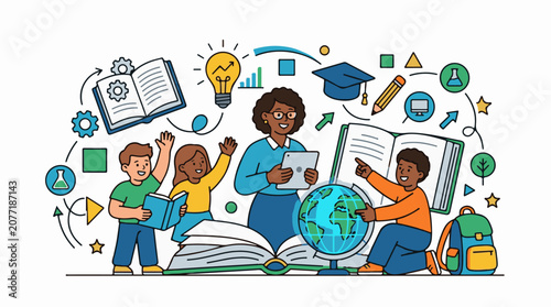 Animated teacher with diverse students learning about the world and ideas