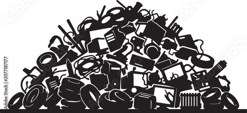 Fotografie Black and white illustration, junkyard pile, scrap metal heap, industrial waste