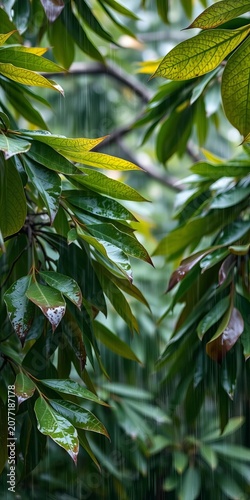 Eucalyptus leaves rustle in the gentle rain shower, misty, serene