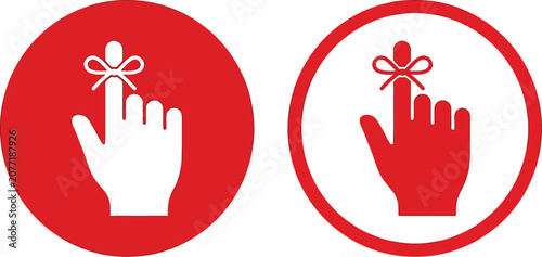 Bright red and white circular icons featuring a human finger with a tied reminder string