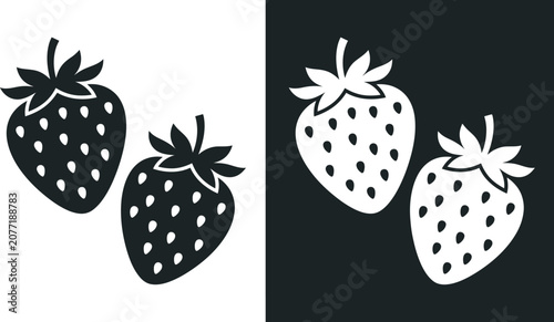 Two minimalist strawberry icons presented in high contrast black and white graphic flat vector style