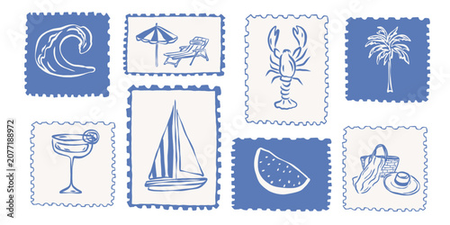 Flat vector blue mediterranean stamps set