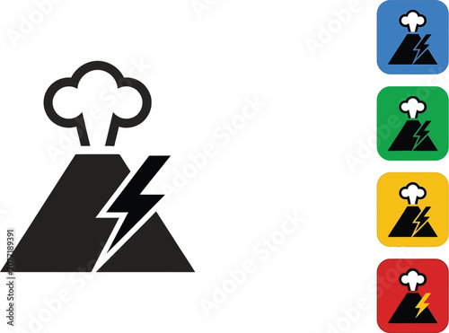 Minimalist flat icon featuring a black volcano erupting with smoke and a sharp lightning bolt