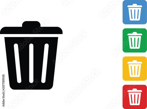 Simple black trash can icon design displayed with four colorful square buttons