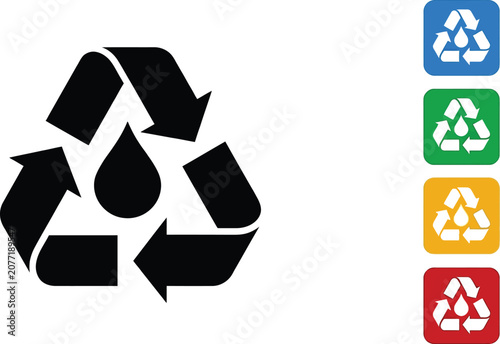 Black recycle symbol with a water drop center design