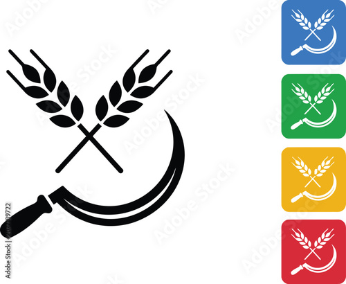 Minimalist black sickle icon with wheat stalks displayed alongside colorful rounded square button style variations