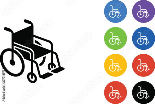 Black wheelchair icon set displayed inside various colorful circular frames