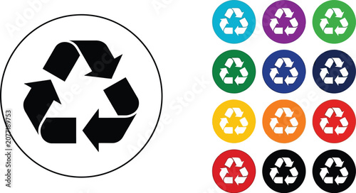 Colorful set of circular recycle symbols featuring a black icon and various bright vibrant colors