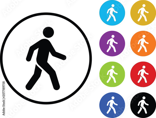 Walking person icon set featuring multiple vibrant colors for modern graphic design and web interface projects