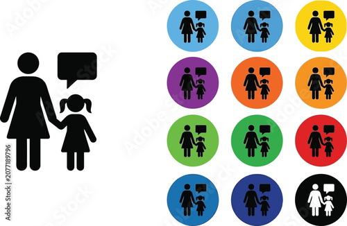 Mother and daughter silhouette icons with speech bubbles displayed in colorful circular flat design buttons