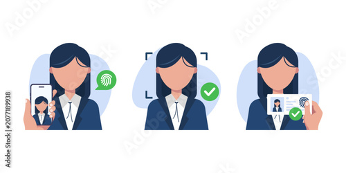 vector illustration of biometric identity verification showing a selfie photo, facial scan and ID card fingerprint for mobile authentication, secure access and online account verification.