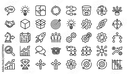 Business strategy and growth icon set linear style vector illustration