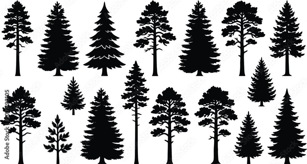 Obraz premium Set of coniferous and evergreen tree silhouettes for forest scenes.