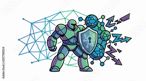 Armored robot defends against digital threats with a shield