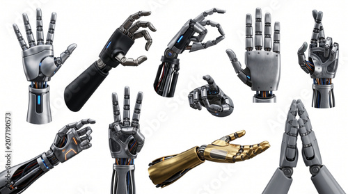 фотографія Collection of futuristic robotic hands and arms in metallic silver, gold, and matte black with glowing accents, demonstrating gestures like pointing, praying, and reaching, isolated 3D rendering