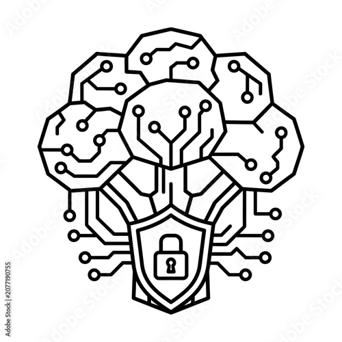 Artificial intelligence brain with circuit board and security lock icon