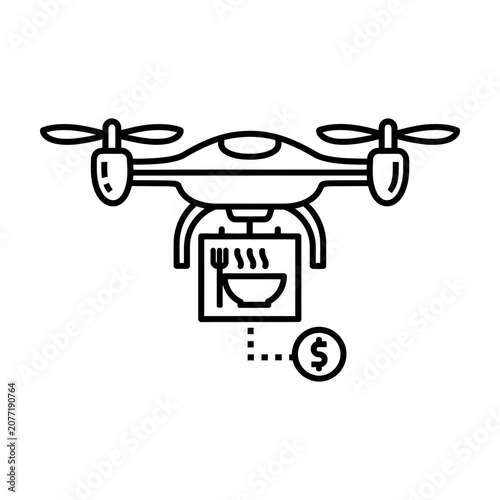 Food delivery drone carrying a meal box with currency symbol icon
