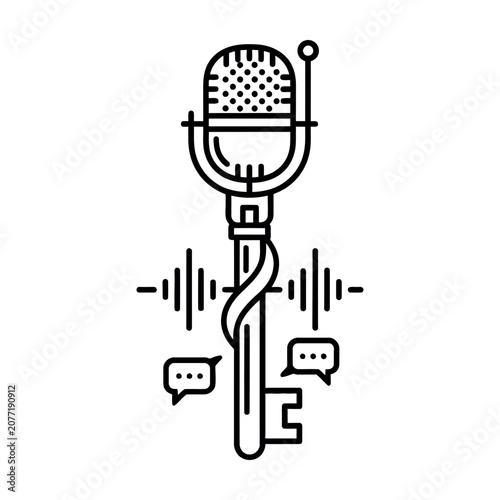 Microphone on a key with speech bubbles and sound waves icon