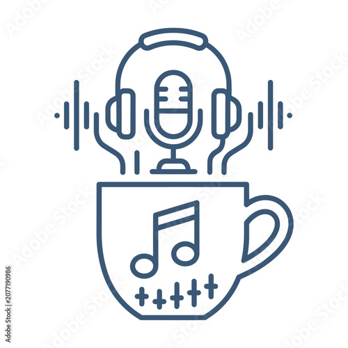 Podcast and music streaming concept with microphone and coffee cup