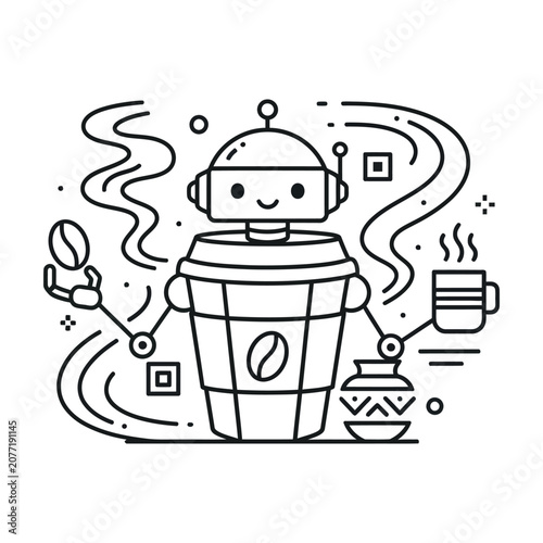 Cute coffee robot making fresh hot brew with steam line illustration