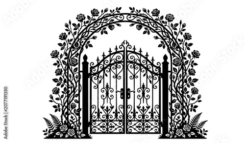 Schilderij op canvas Ornate wrought iron gate with floral archway